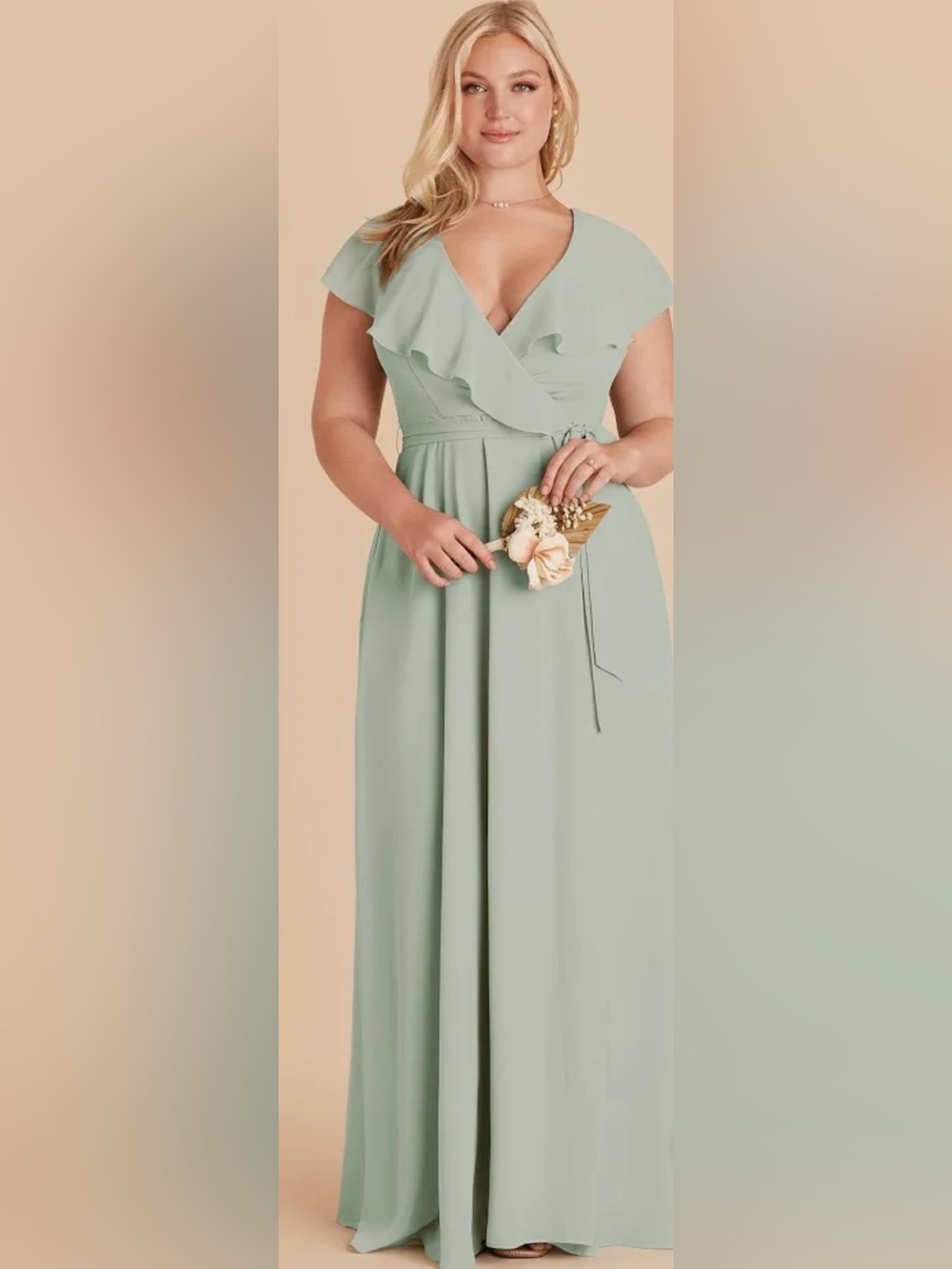 BOGO FREE: Sage Green Wrap Ruffle V-Neck Bridesmaid Dressed
